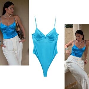 Zara blue satin spaghetti strap bustier corset bodysuit Sz S NWOT